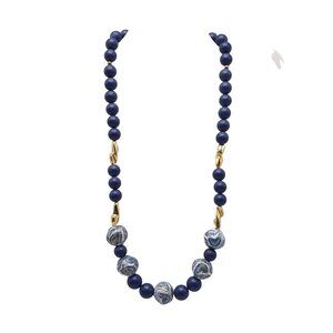 Vintage Blue Swirl Ceramic Gold Toned Beaded Necklace 25 Inch